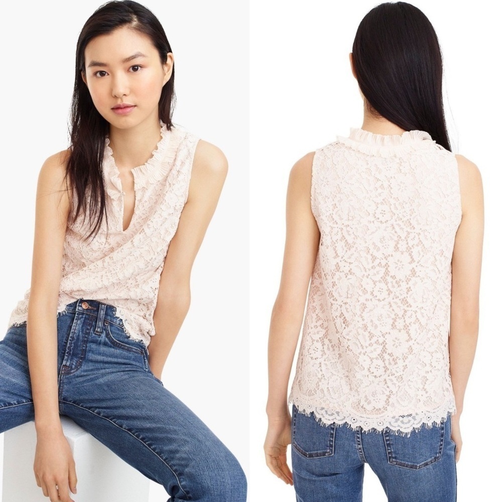 J. Crew Cream Beige Lace Ruffle-Neck Top Women’s Size Tall Small